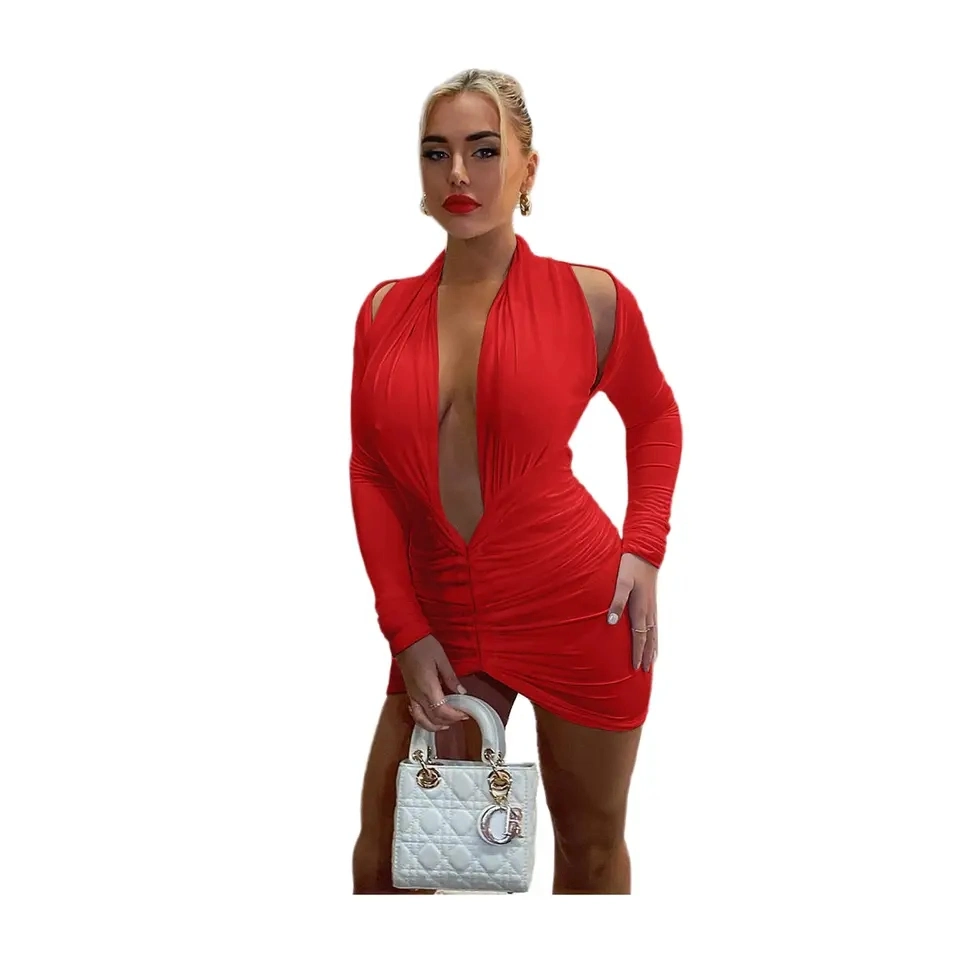 V Neck Full Sleeve Solid Color Halter Pleated Sexy Mini Dress for Women