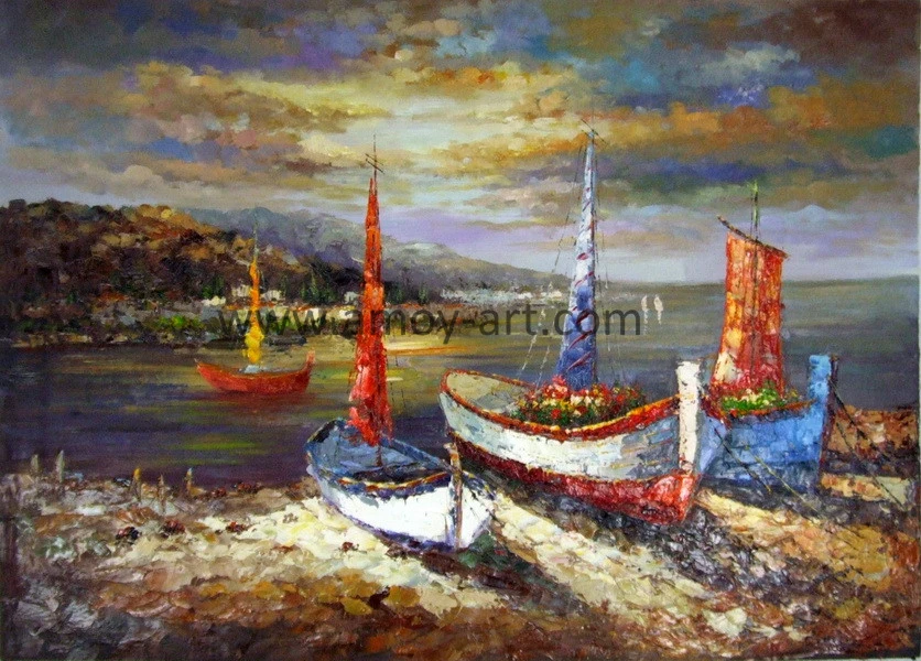 Hand-Painted Palette Knife Boat and Ship Oil Painting