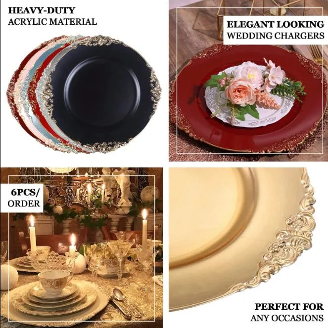 13"Baroque Gold Embossed Luxury Reef Event Decor Charger Plates with Antique Design Rim