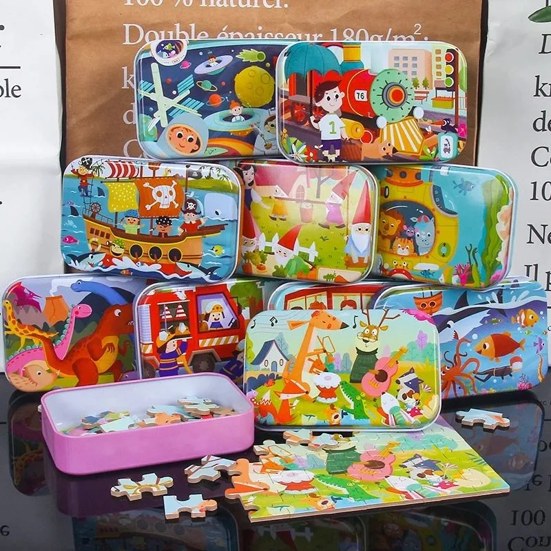 Hot 60 pièces casse-tête en bois jouets pour enfants Cartoon Véhicule animal Bois Jigsaw bébé éducatif jouet enfants Noël cadeau