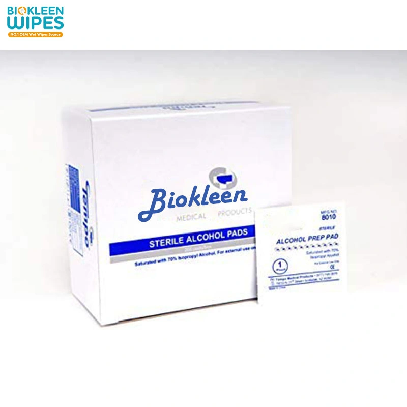 OEM Biokleen Desinfección Spunlace Non-Woven Alcohol isopropílico al 70% almohadillas de algodón de estériles