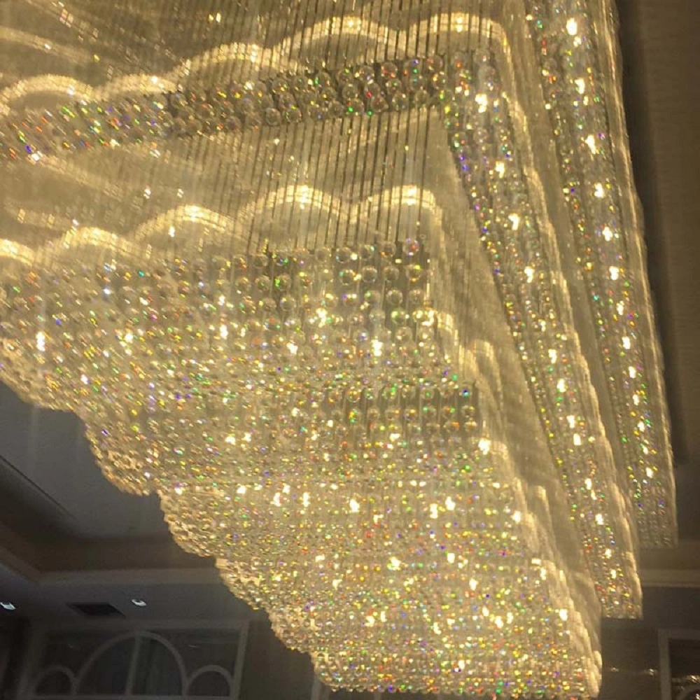 Proyecto de gran araña de cristal de estilo de onda en el interior del rectángulo de LED Lámparas de techo el vestíbulo del Hotel Gran Sala montaje lineal colgante