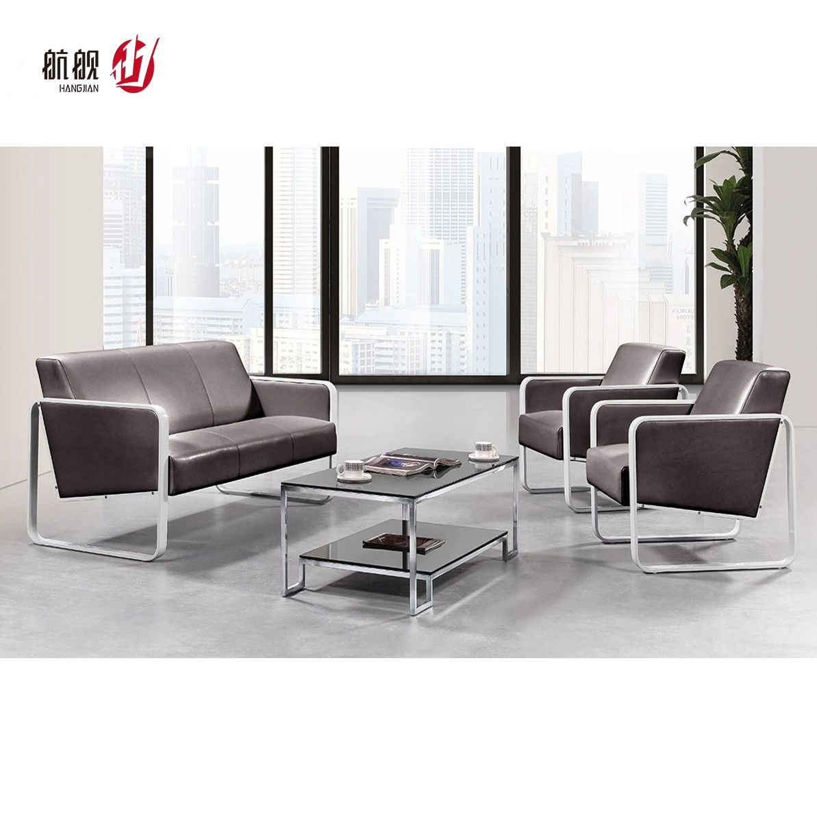 1+1+3 Seater Leather Waiting Sofa for Office Seating with Chrome Fixed Base