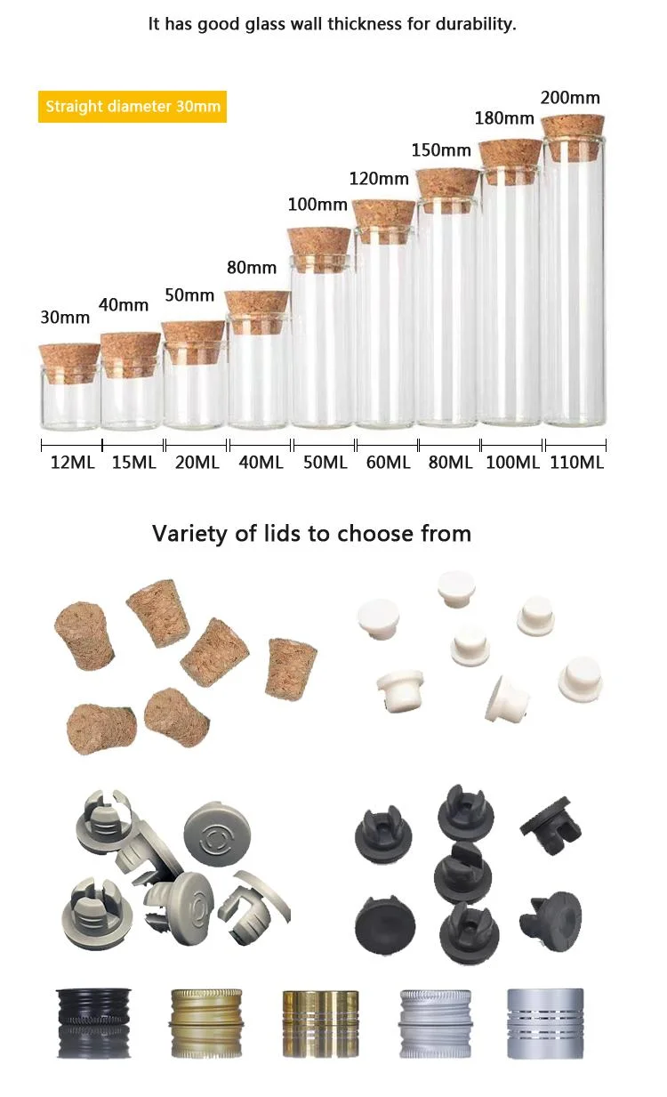 Vaso de almacenamiento Jar tubo de ensayo de vidrio con tapones de corcho tubular Viales de vidrio frascos de vidrio para experimentos científicos SAL de baño y. Almacenamiento de caramelos