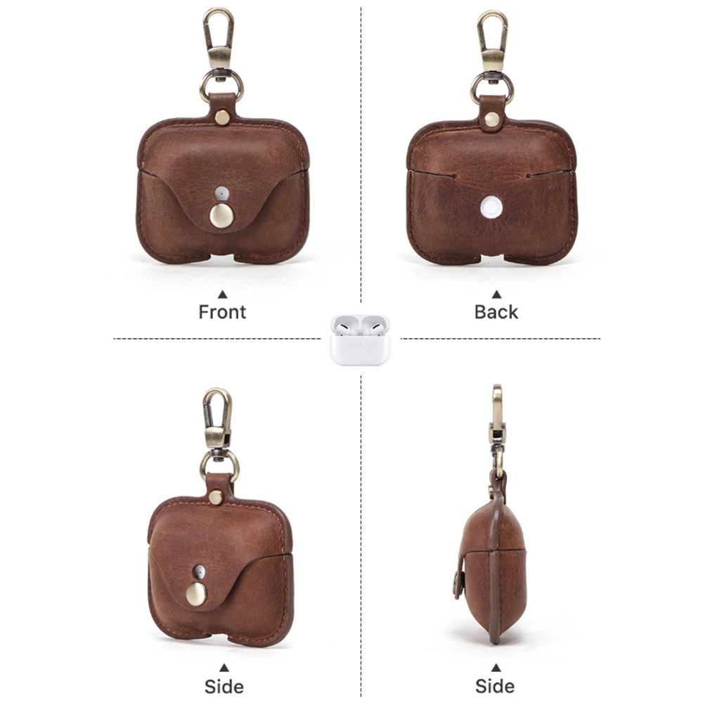 Metal Button Closure Bags Cases Genuine Leather Wireless Earphone Case