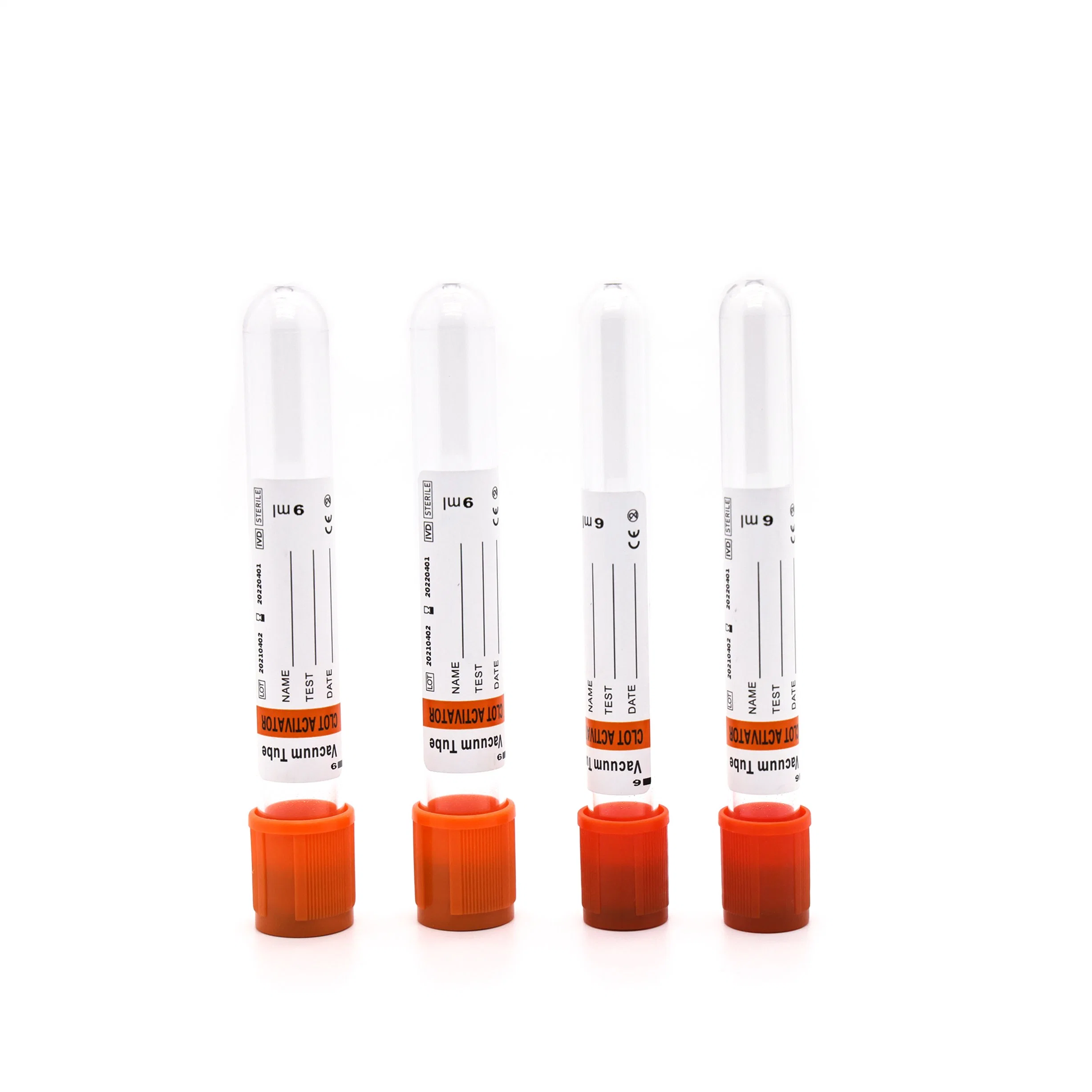 Tube de prélèvement sanguin à capuchon orange avec activateur de coagulation au citrate de sodium pour la collecte de sang.