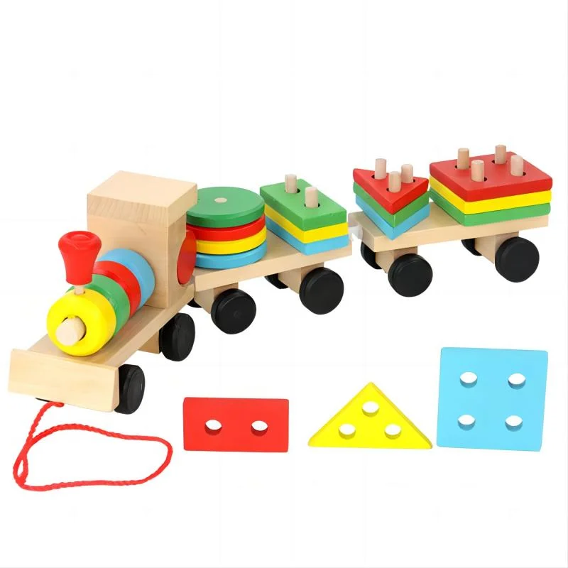 Wooden Small Train Toy Car Three Section Shape Drag Car Toy Children&prime; S Educational Toys Fun Early Education Building Blocks