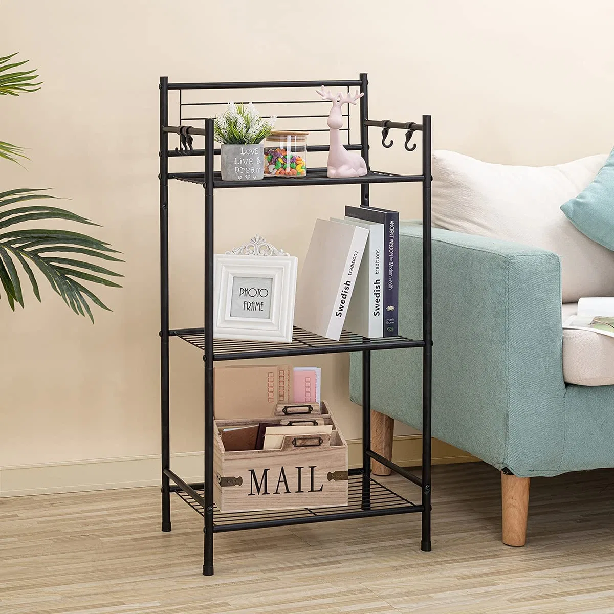 3-Shelf Tier Standing Unit Storage Wire Shelving Multipurpose Rack Organizer with 4-Hooks for Bathroom Laundry Kitchen Office