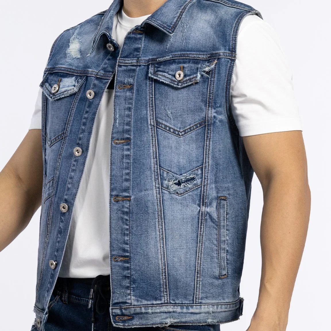 Custom Fashion Collar Down Embroidery Back Vest Pocket Men Sleeveless Denim Jacket