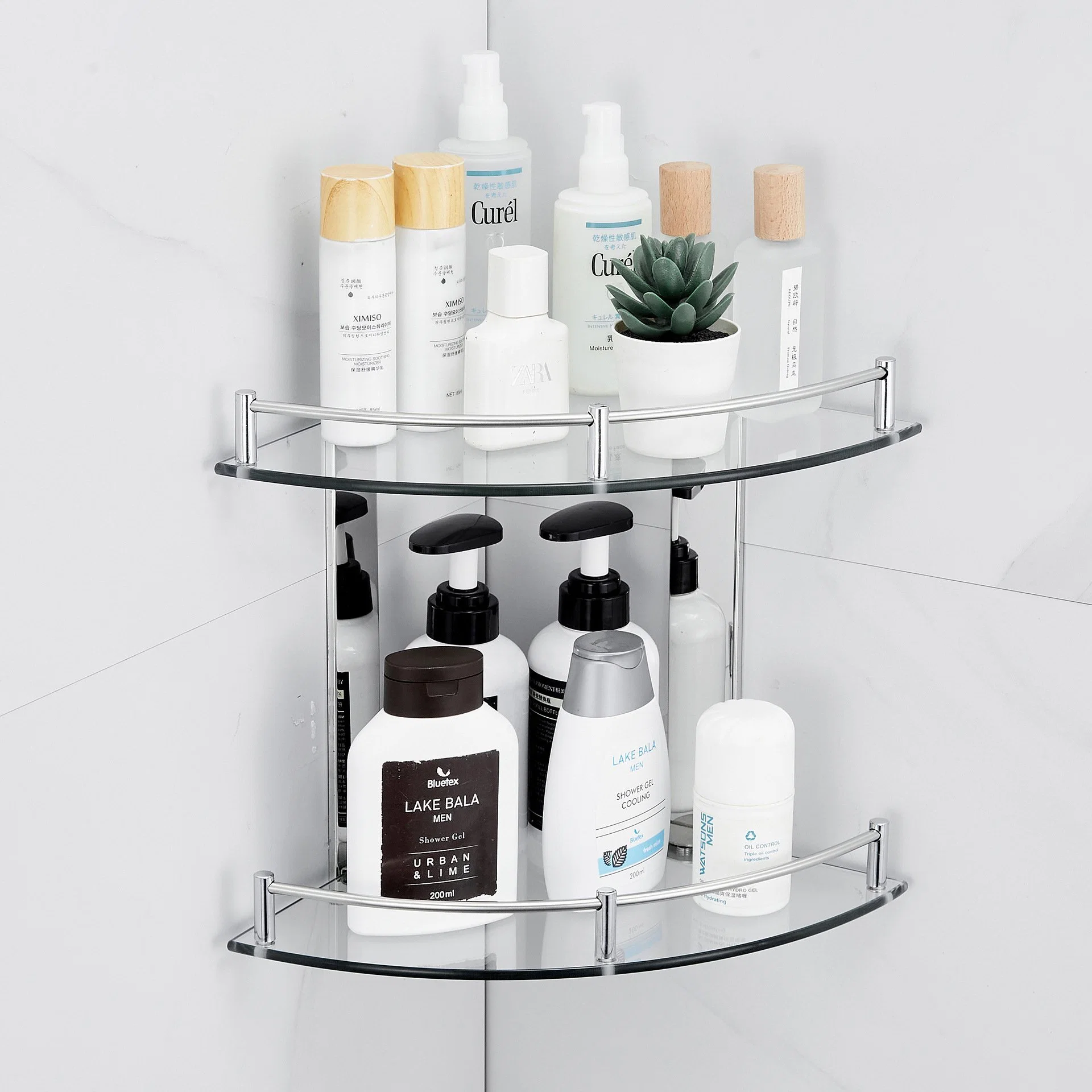 Bathroom Glass Shelf Holder Corner Rack Shower Caddy Wall Mounted Bathroom Accessories Shelves Storage Shelf