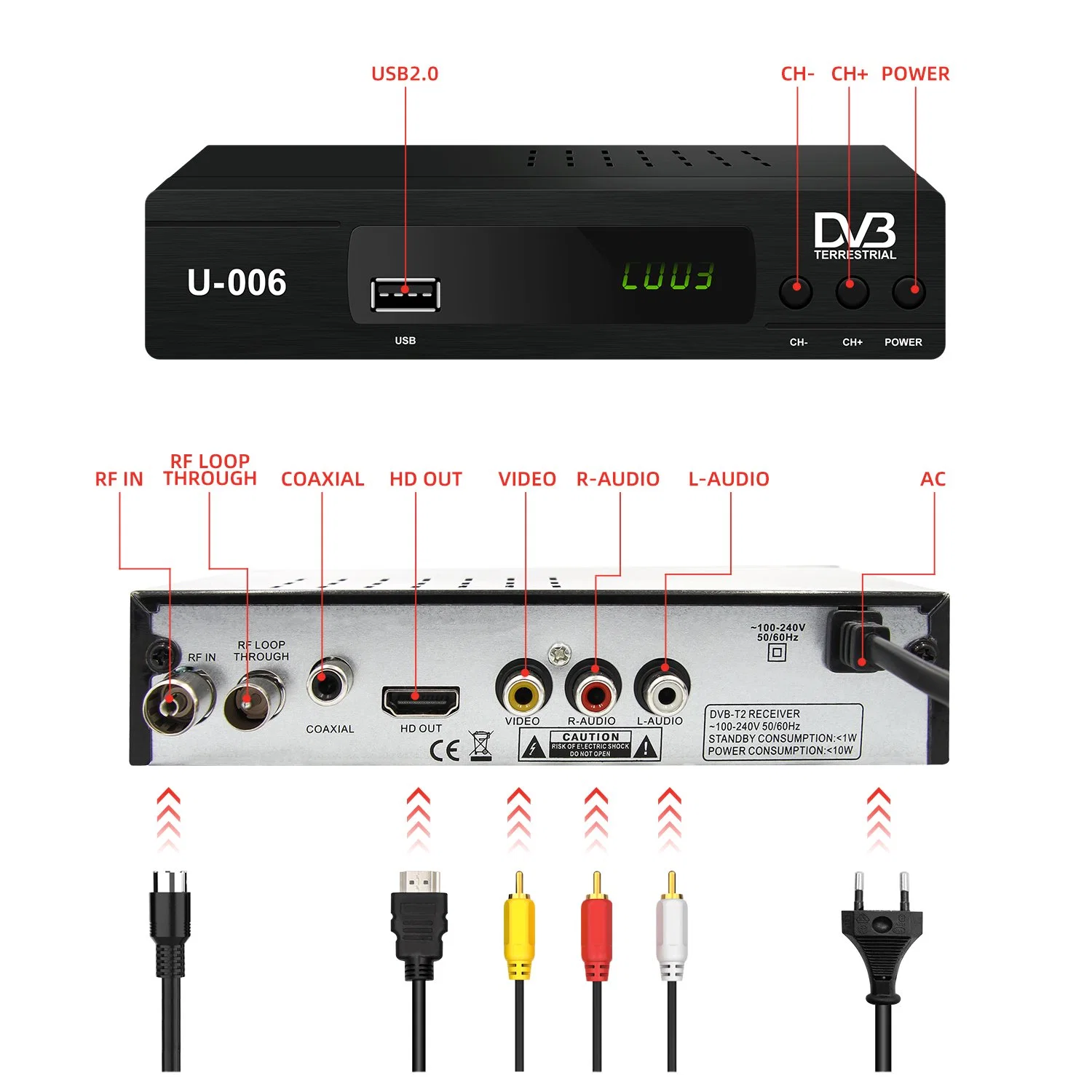 Junuo decodificador de televisión digital de alta calidad 1080p Full HD de la matriz del receptor de DVB T2 TDT2 Decodificador.