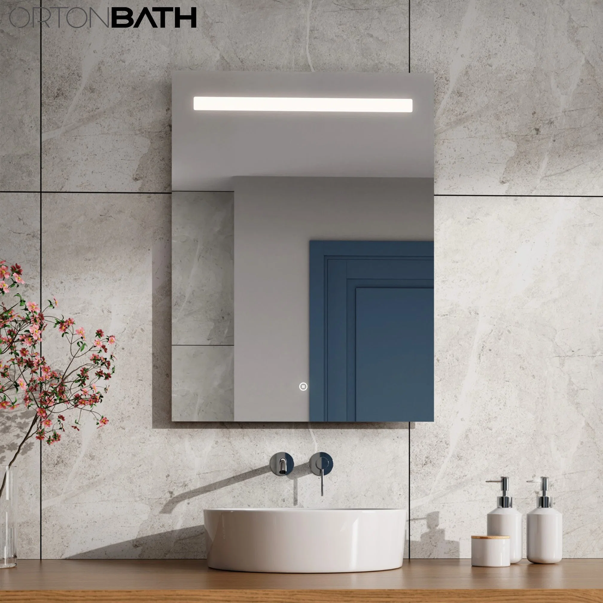 Quarto Ortonbath, casa de banho, espelho de maquilhagem LED, espelho iluminado, interruptor de toque Espelho retangular decorativo anti-embaciamento para banheiro