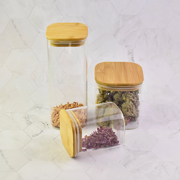 China Products Home Kitchen Multi Functional Square Storage Containers with Airtight Bamboo Lids Food Herbs Spice Glass Jar