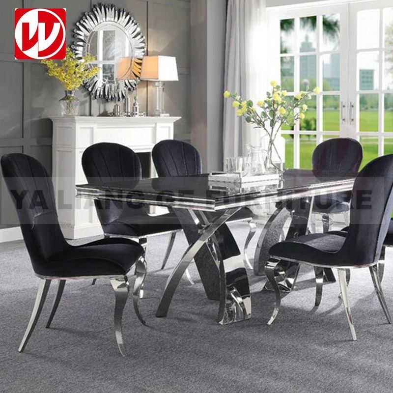 Modern Living Room Furniture Dining Table Sets Black Glass Stainless Steel Home Dining Table