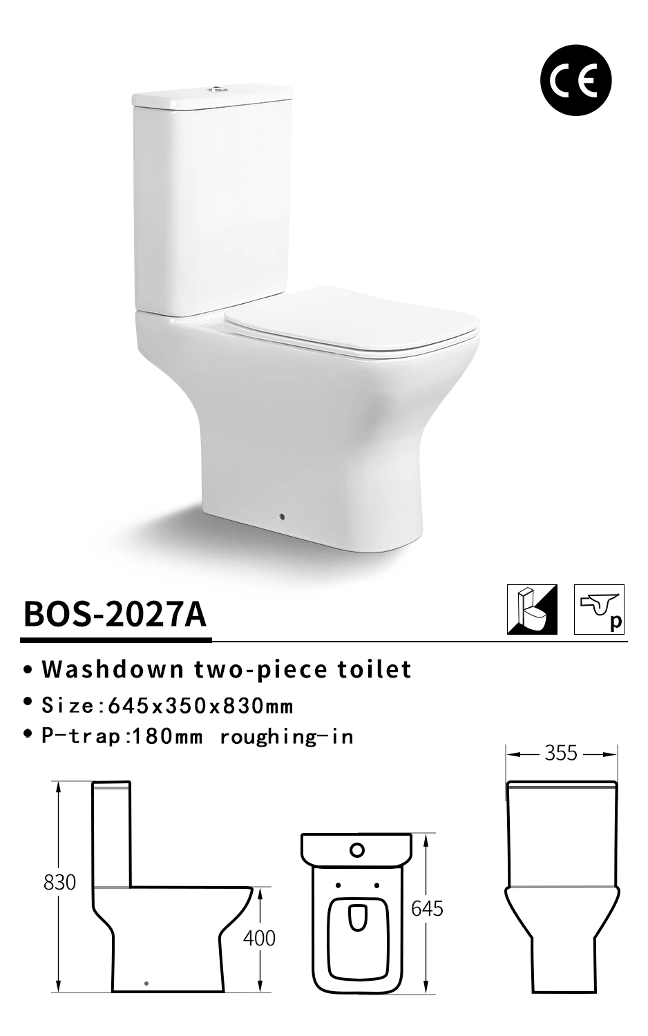 Sanitary Ware Square Design Two-Piece Toilet Middle East Market Ceramic