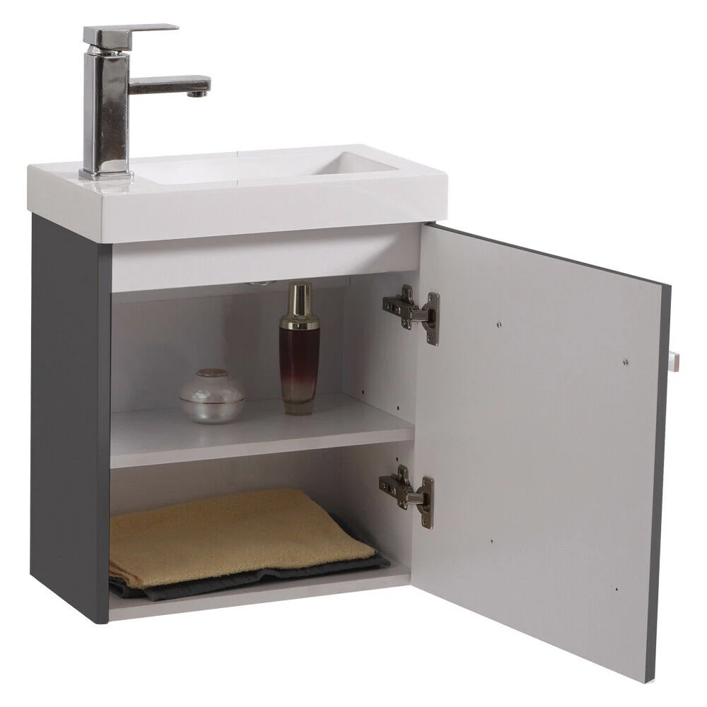 Bathroom Wall Hung Basin Sink Unit Handle Storage Cabinet Furniture Gloss Grey