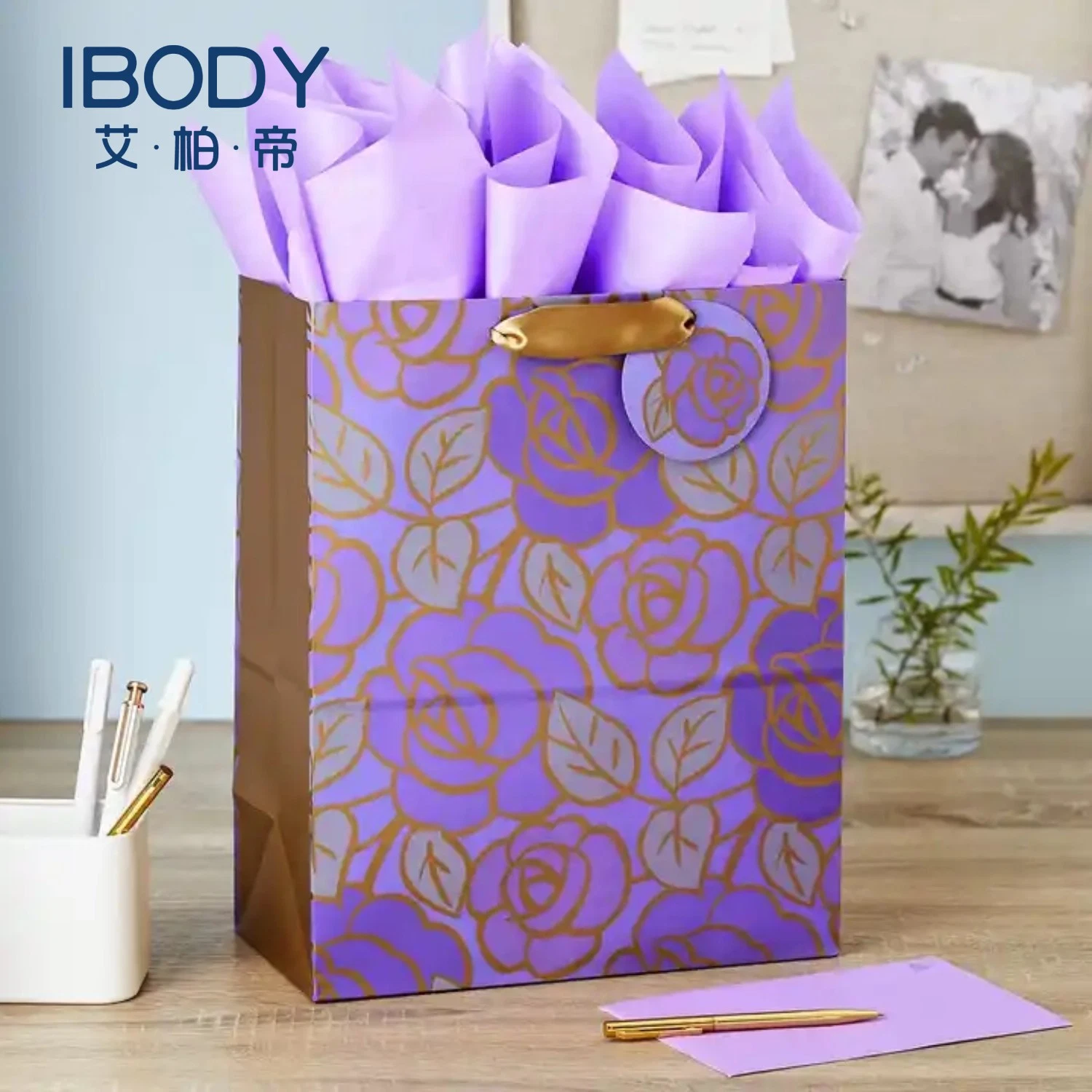 Purple Flowers Gold Birthdays Mother's Day Bridal Showers Weddings Large Gift Paper Bag