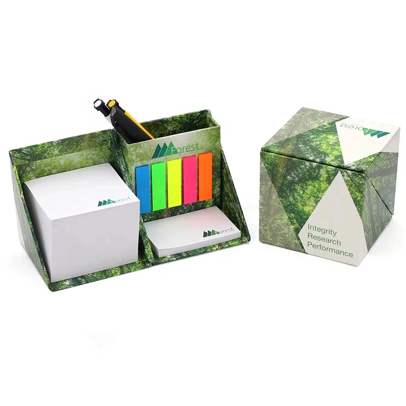 Hochwertige Recycling Sticky Note Set Umweltfreundliche Faltbare Quadratische Würfel Memo Kraftpapier Box mit Stifthalter