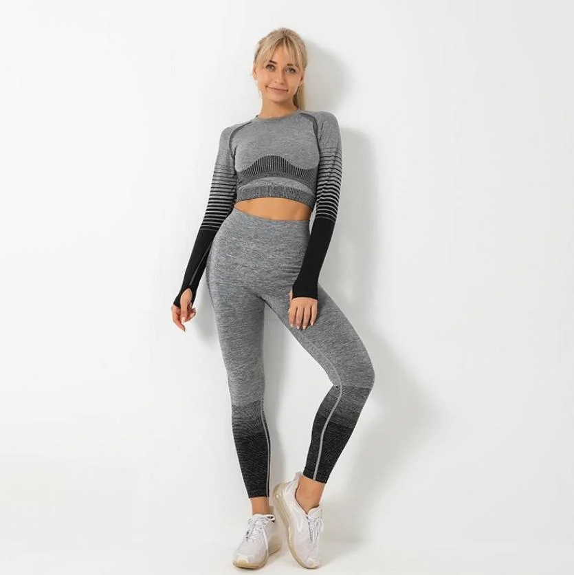 Ladies 2PCS Tracksuits Women Hot Sexy Gym Outfits Bodybuilding Sportwear Sweatsuits Seamless Sports Bra Long Sleeves Top Athletic Shorts Booty Legging Yoga Wear
