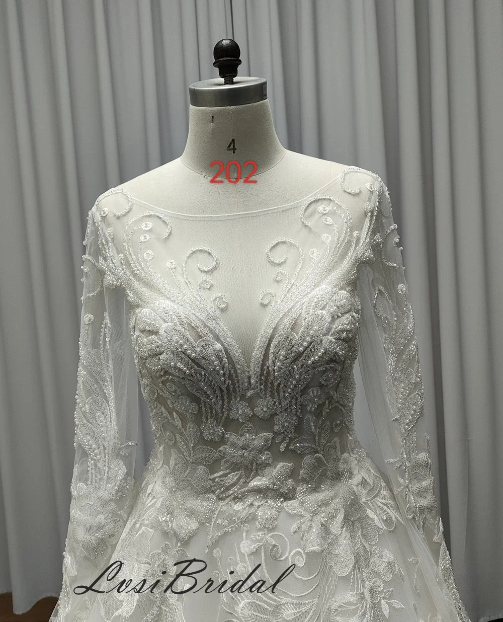 202 Illusion Bodice and Long Sleeve Wedding Dress Embroidered Beading Fashion Lace Bridal Gown Dress with Hot New Style Dress Directly Bridal Factory