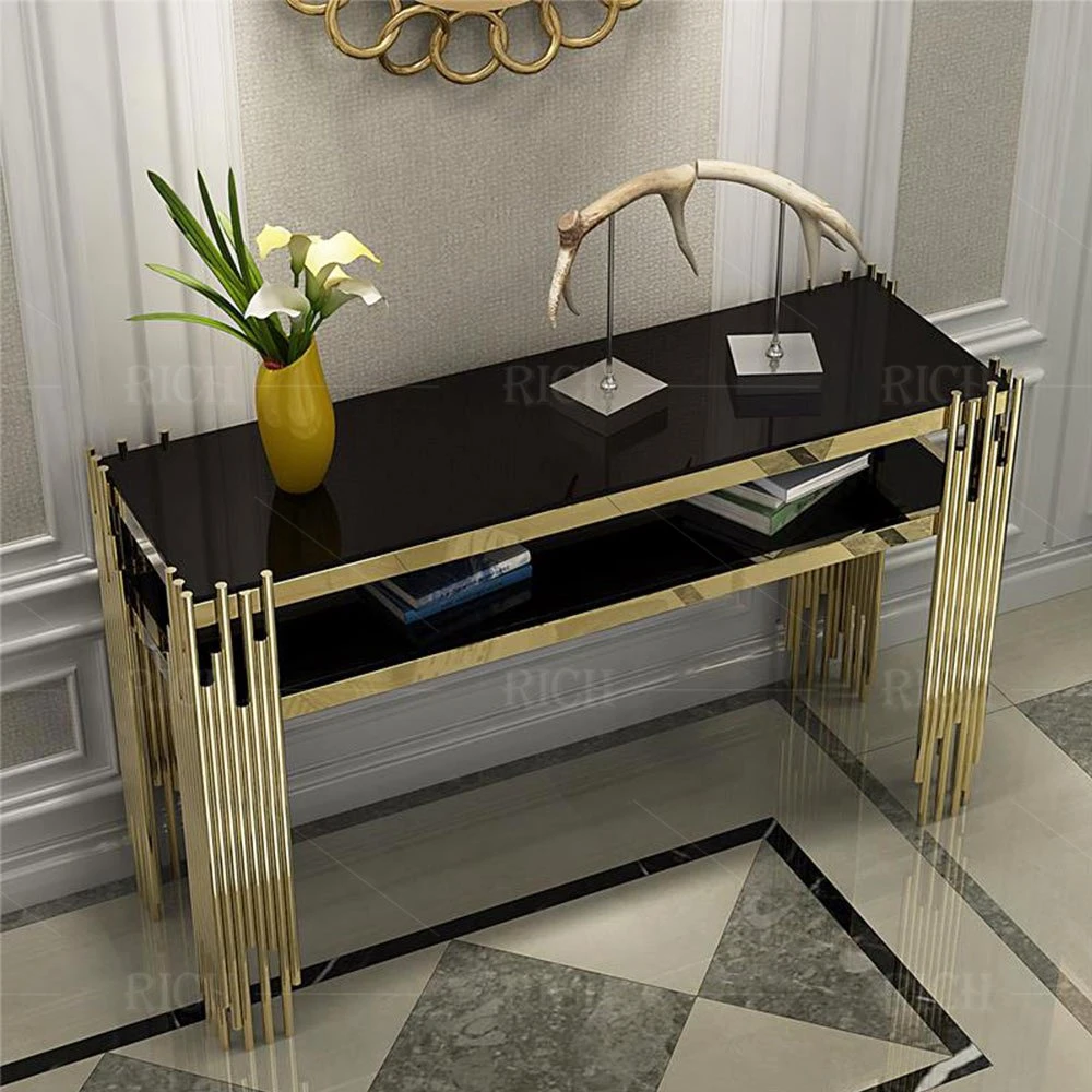 Mesa de entryway de luxo, pernas de aço inoxidável, de vidro estreito rectangular Tabela da consola