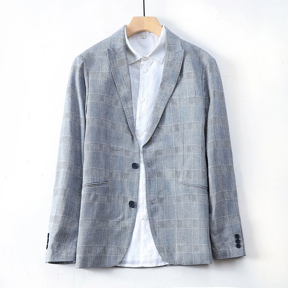 OEM Business Men's Cotton Linen Casual Suit Jacket Plaid Linen Suit