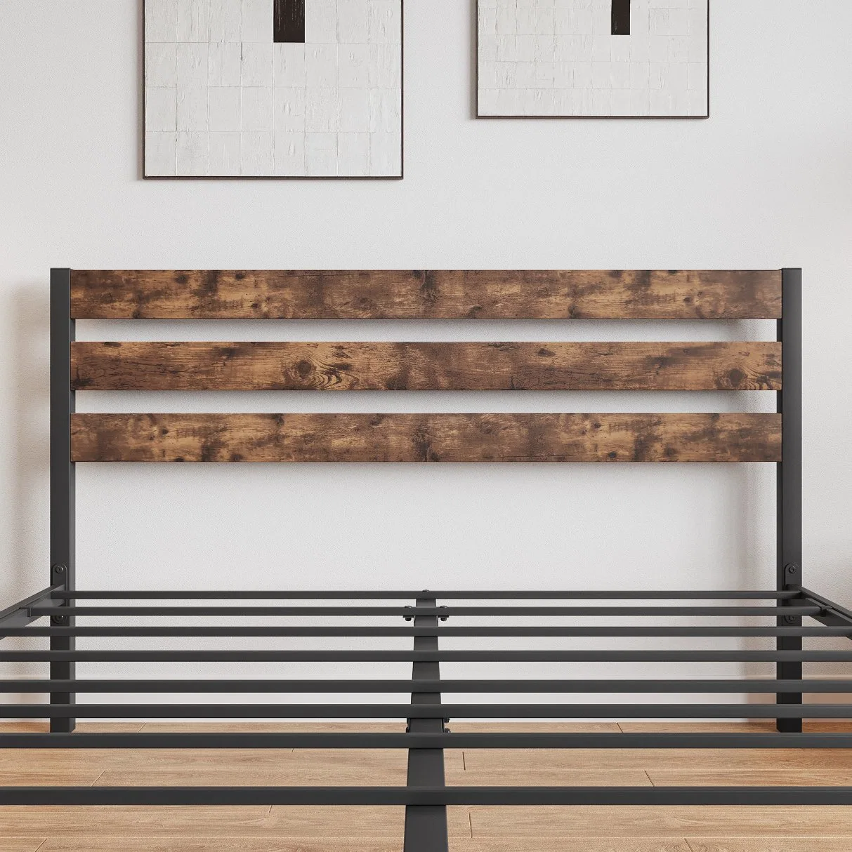 Slat Beds with Wooden Headboard Queen Size Metal Bed Frame