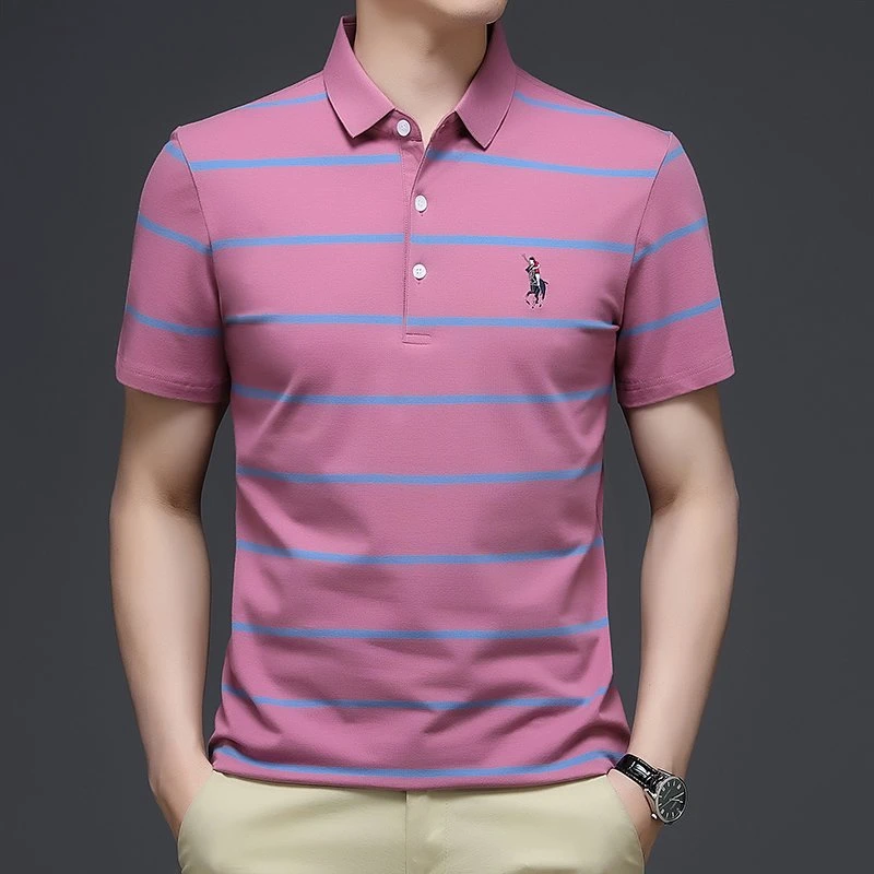 China Manufacturer Custom Logo Summer Fashion Highest Quality Striped Embroidery Stripe Turn Down Collar Men Polo Shirts