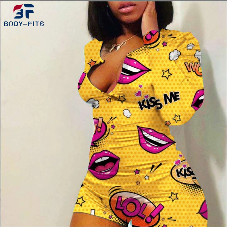 Women Lip Print Sexy Long Sleeve V Neck Short Onesie Pajamas