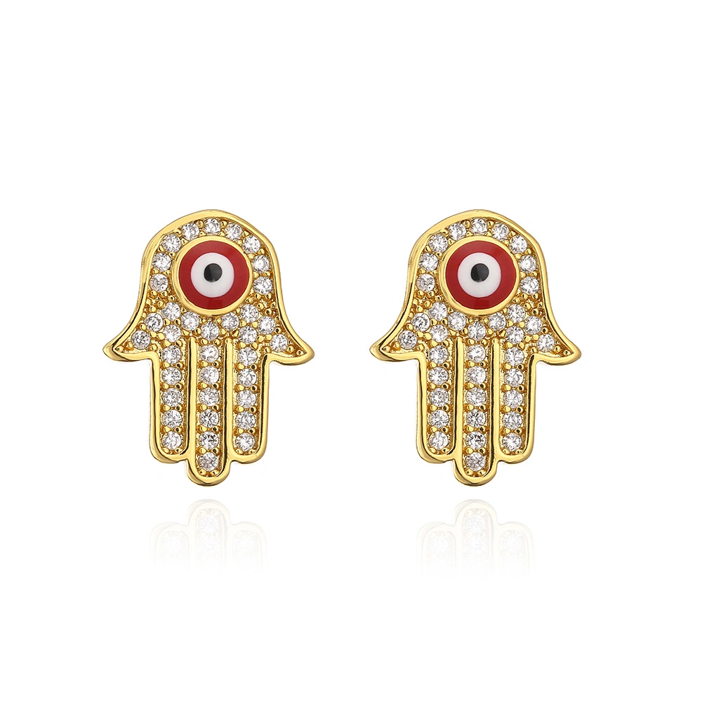 Europäische und amerikanische Mode Kupfer überzogenem 18K Gold Micro-Inset Zircon Fatima Hand Eye Ohrstecker Weibliche Schmuck