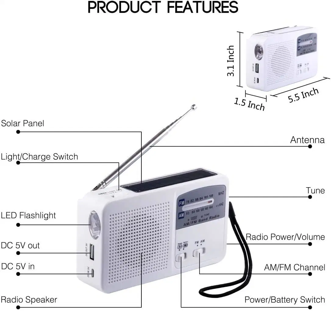 Goldmore10 Emergency Radio Solar and Hand Crank Self Powered Battery USB Recharging FM/Am Radio LED Flashlight Cell Phone Charger