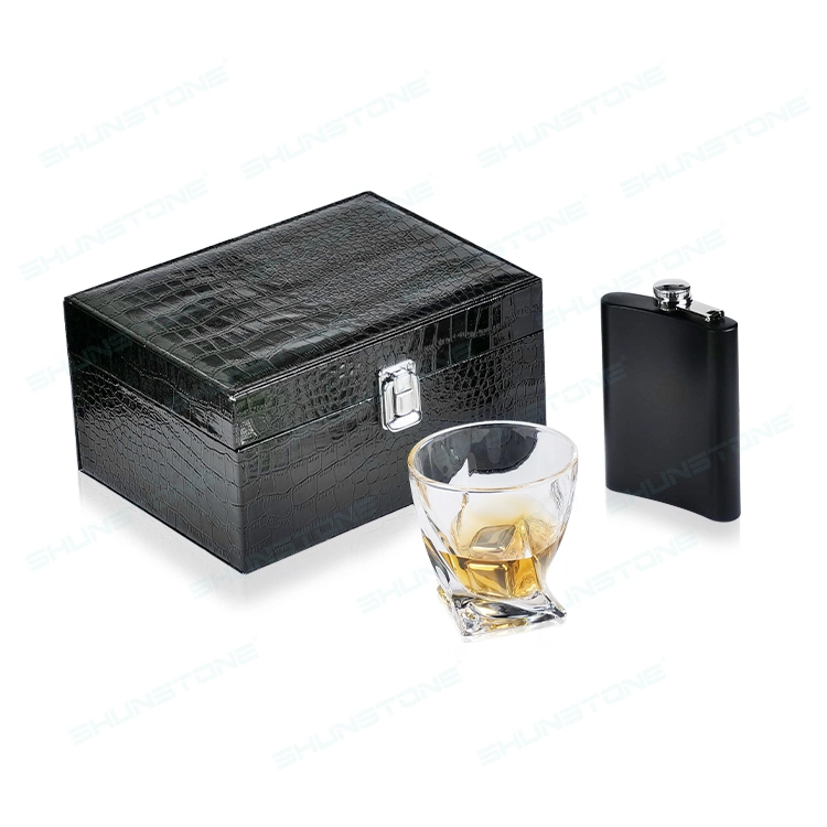 Whiskey Glass Hip Flask with Stainless Steel Whiskey Stones Set