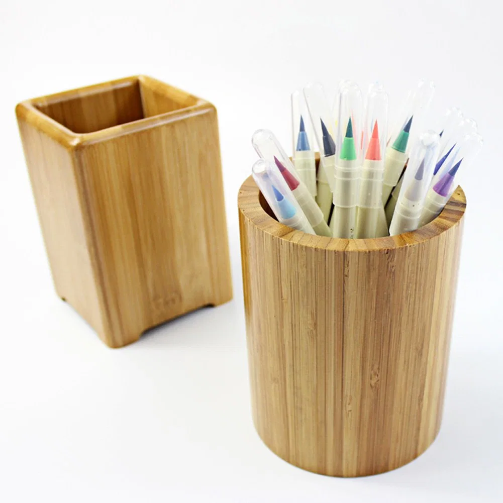 2 Pack Bamboo Pen & Pencil Holder Desk Organizer, Office Desk Accessories, Pencil Cup Holder Pen Stand of Desktop Organizer (Round and Square)