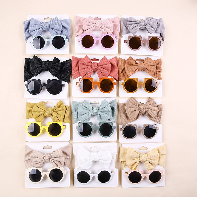 Children's Sun Headband Combo Set Fashion Cartoon Baby Toy Sun Shade Glasses Pit Strip Cotton Solid Color Hair Band