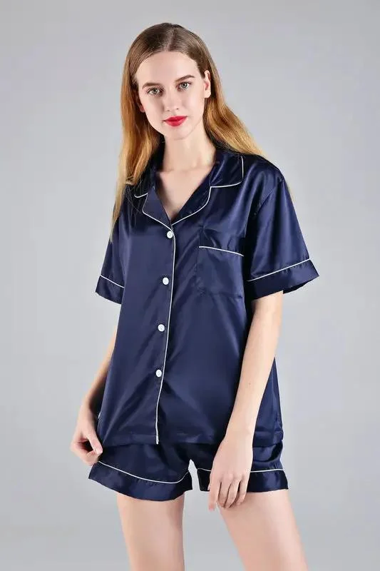 Fung 3034 Hochwertige Braut Pyjama Frauen Satin Braut Pyjama Set Sexy Navy Sleep Wear