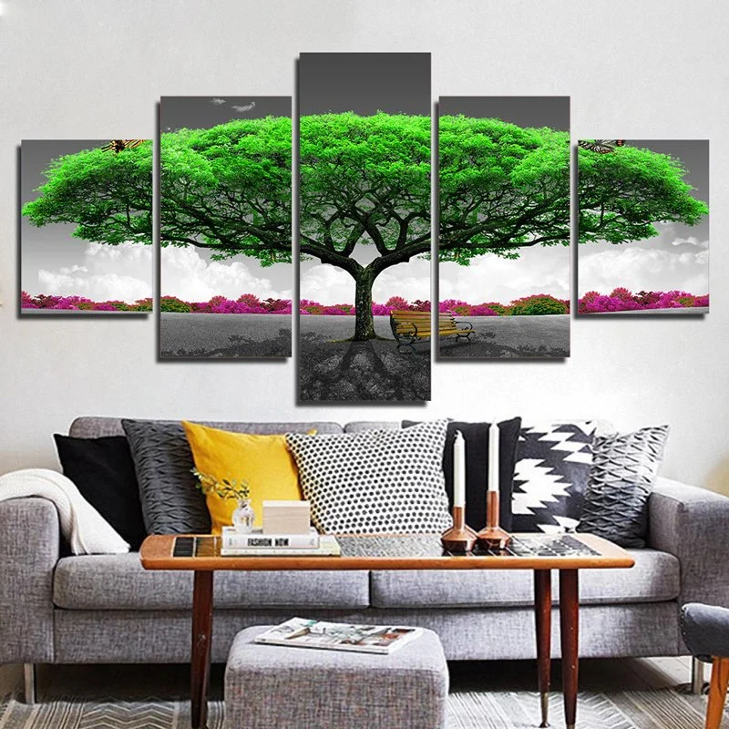 5D Nature Landscape Green Big Tree 5 Sets of Diamond Paintings for Home Decoration.