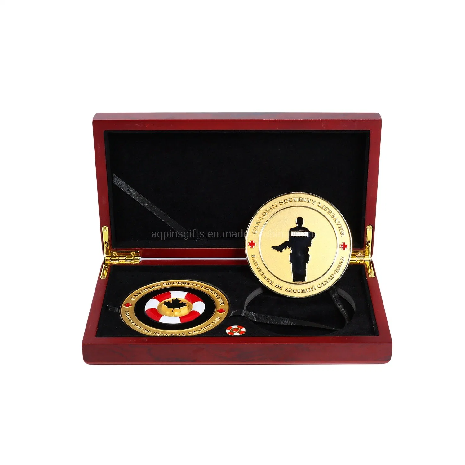 Oro antiguo Esmalte Metálico Medalla Militar personalizada Souvenir Desafío Moneda con caja de madera (109)