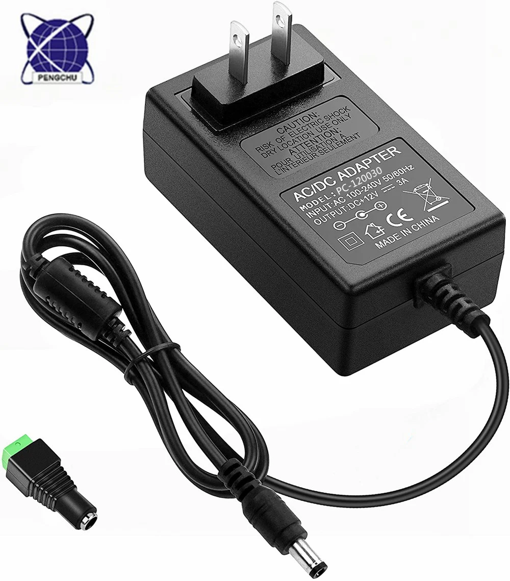 12V DC 3A Wall Power Supply Adapter with 2.1mm x 5.5 Plug 3A(3000MA) AC 100-240V to DC 12Volt Transformers Switching Power Source Adaptor for 12V 3528/5050 LED