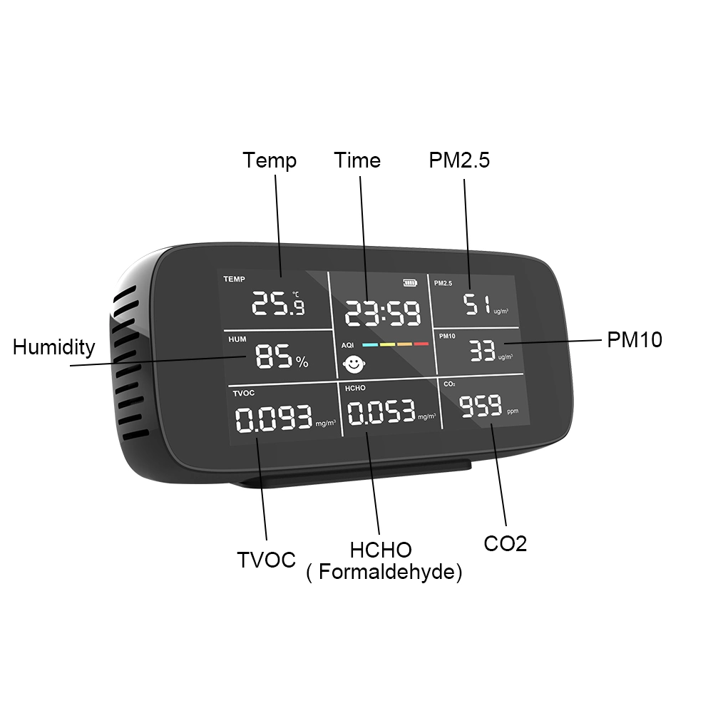 Air Monitor Air Particle Sensor Multi-Functional Formaldehyde Hcho/Tvoc/Pm2.5/Pm10/Pm1.0/Aqi/Time Air Quality Detector Temperature Humidity Sensor Time Clock