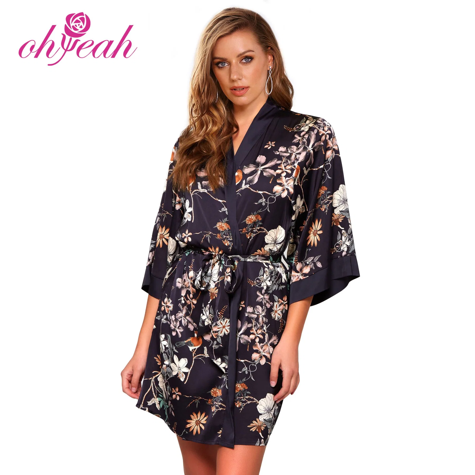 Hot Romantic Black Printing Silk Long Sleeves Luxury Sleepwear with Thong