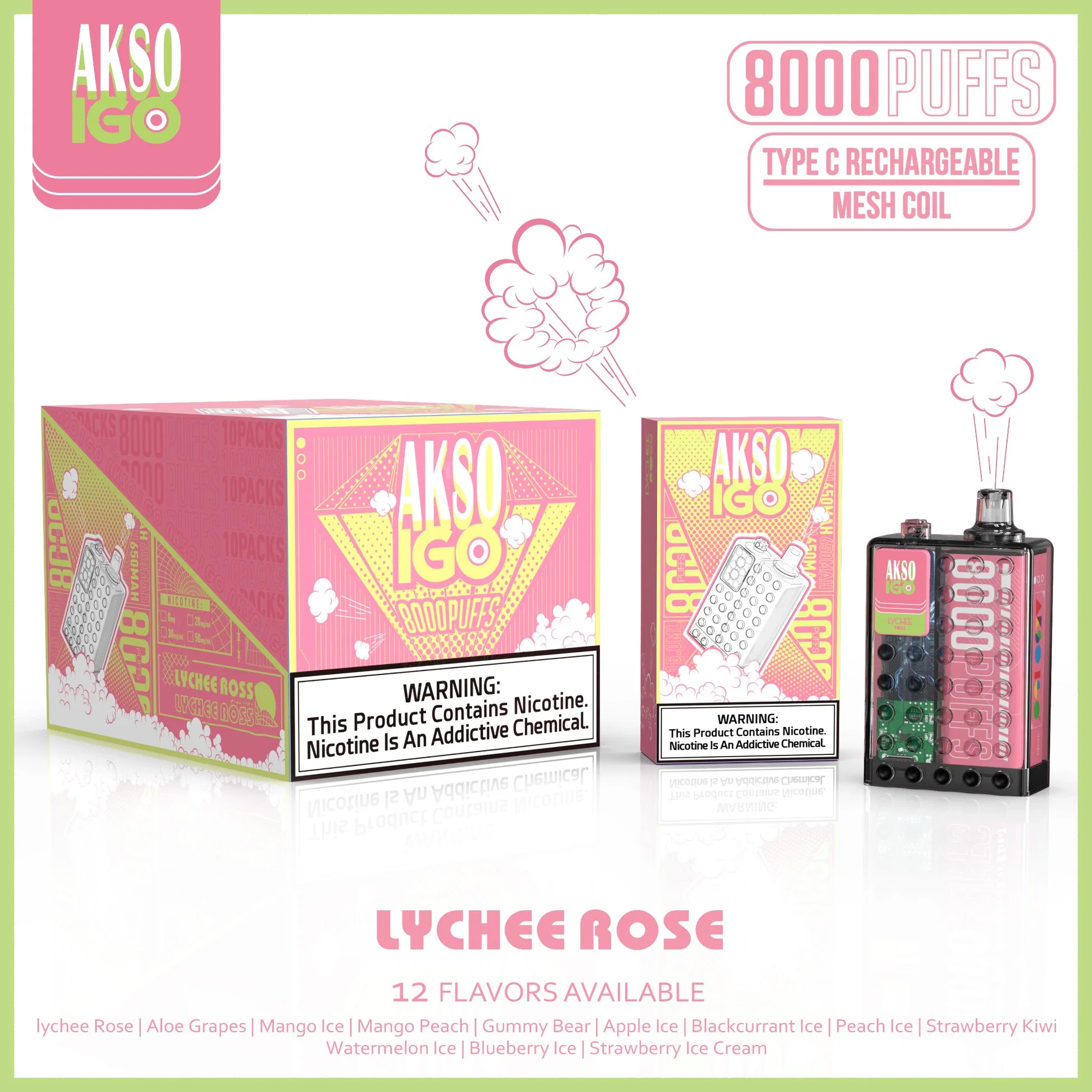 2022 mejor prueba de sabor Lychee Rose desechable VAPE Akso Igo 8000 Puffs Disposable Electronic Cigarette Wholesale VAPE Pen