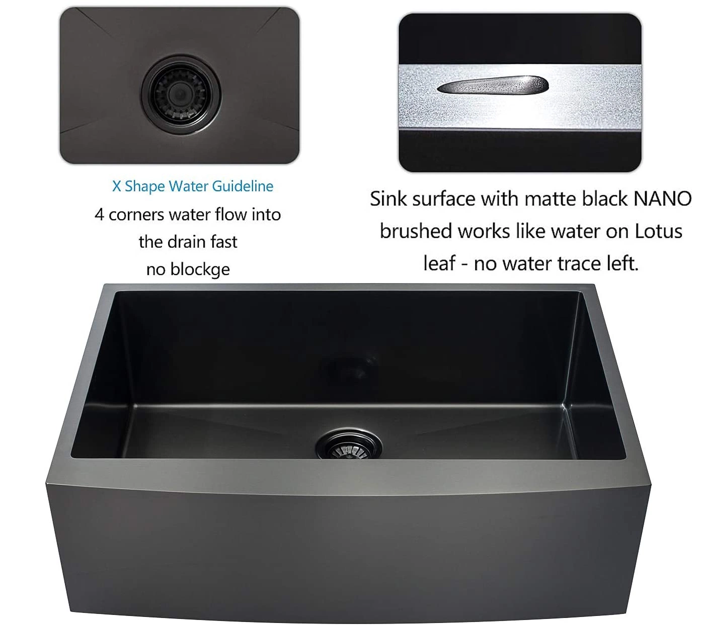 36&times; 21&times; 10 Inches Nano Black Anti Scratch Cabinet Accessories Countertop Apron Farmhouse Handmade Single Bowl Kitchen Stainless Steel Sink Has3621