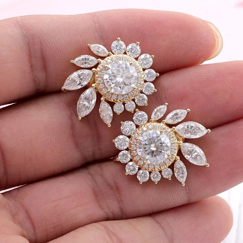 Provece Luxury Earring Studs Flower 2carat Round Moissanite Diamond Earring Hooks Women Wedding Jewelry Gift