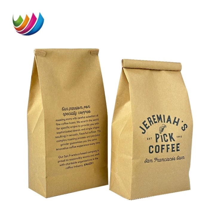 Saco de embalagem para grãos de café papel Kraft castanho/branco revestido com PE Saco de fundo quadrado com atilho de estanho