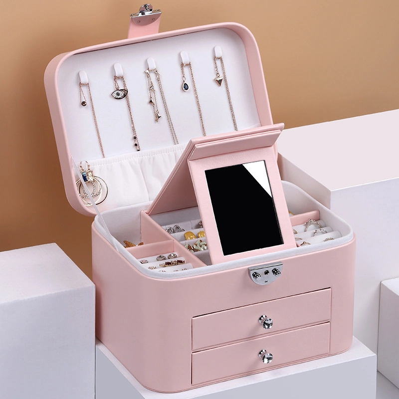 Drawer Type Big Space Multi-Layer Jewelry Boxes Storage Box with Clamshell Makeup Mirror