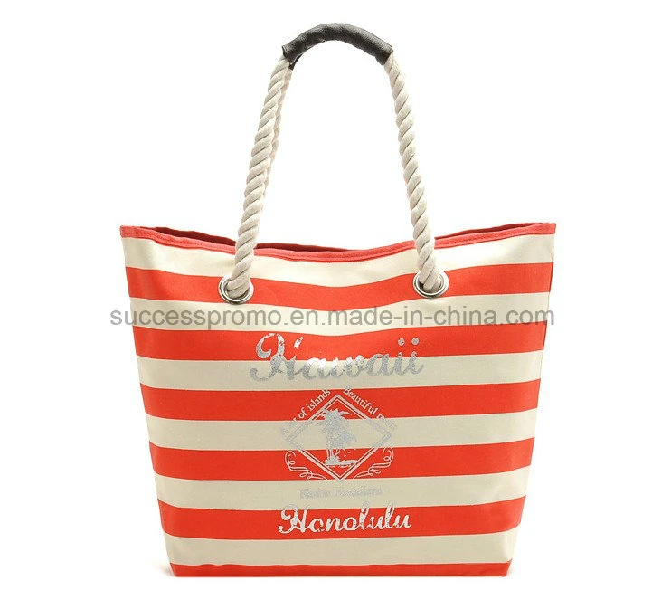 Custom Leisure Striped Canvas Beach Bag with Cotton Rope