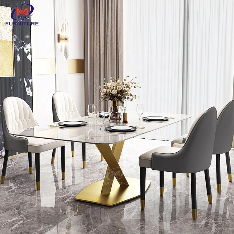 Dining Room Stainless Steel Modern Luxury Marble Top Dining Tables and Chairs Set