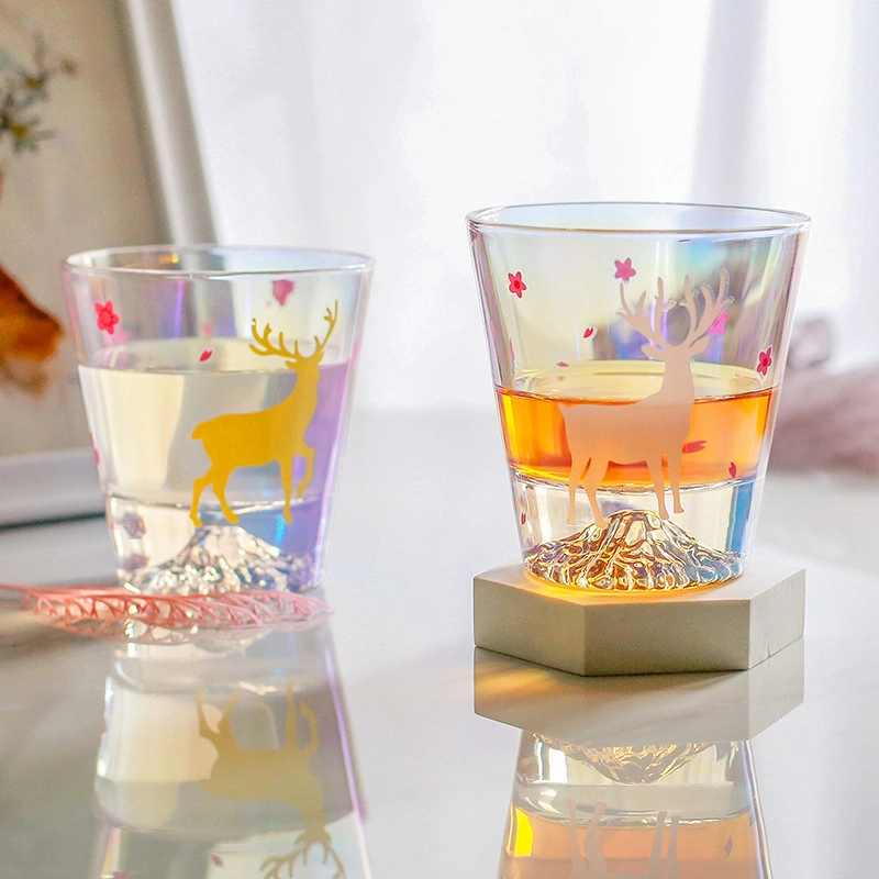 Hot Sale Aesthetic Colorful Cherry FUJI Mountain Bottom Wine Glass Cup Gift Box Set Woman Whiskey Tumbler Crystal Iridescent Coffee Cup Mug