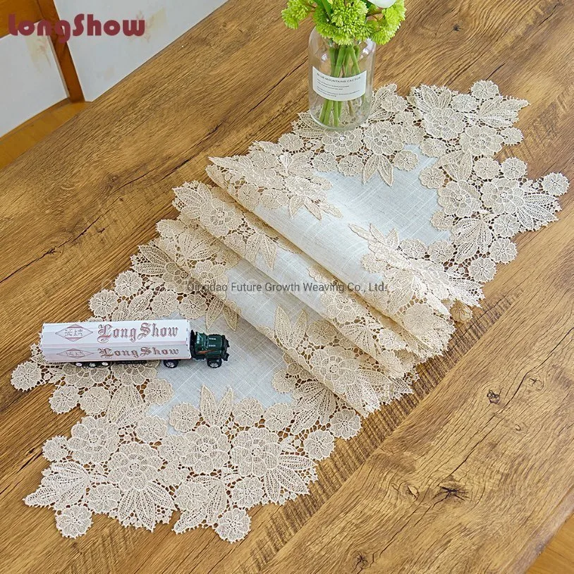 Wholesale/Supplier Customized White Polyester Lace Fabric Table Runner for Wedding, Party, Banquet Decor