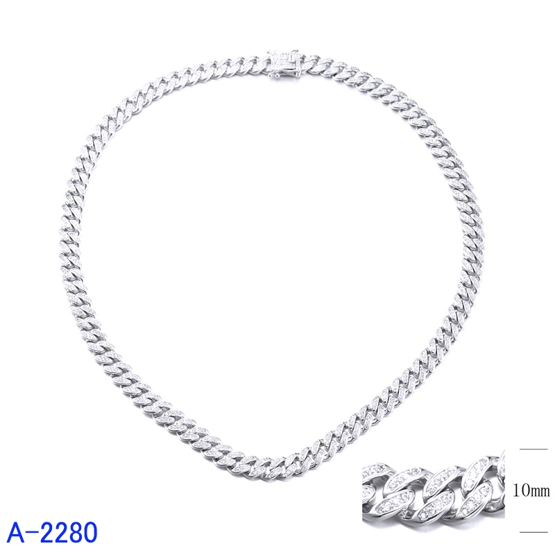 925 Sterling Silver Fashion Jewelry Curb Cable Link Cubic Zirconia Necklace Chain for Men